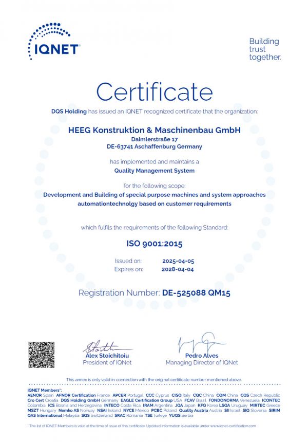 Zertifikat IQNEt ISO9001 2015 QM international Heeg Konstruktion Maschinenbau GmbH Aschaffenburg