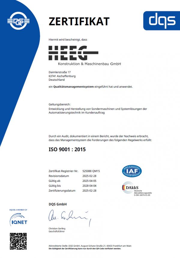 Zertifikat ISO9001 2015 QM Heeg Konstruktion Maschinenbau GmbH Aschaffenburg