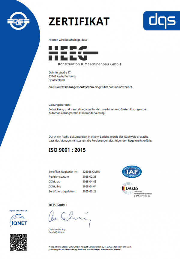 Zertifikat ISO9001 2015 QM Heeg Konstruktion Maschinenbau GmbH Aschaffenburg